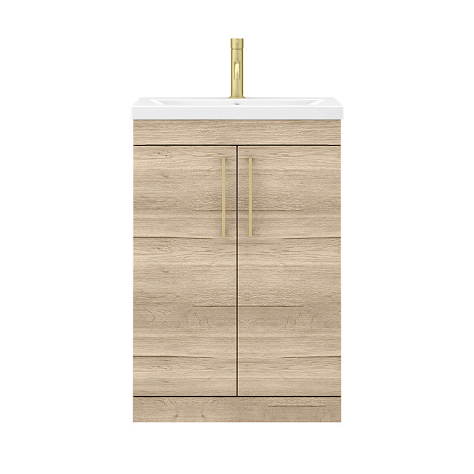 Arezzo Floor Standing Vanity Unit - Rustic Oak - 600mm with Brushed Brass Handles  In Bathroom Large Image