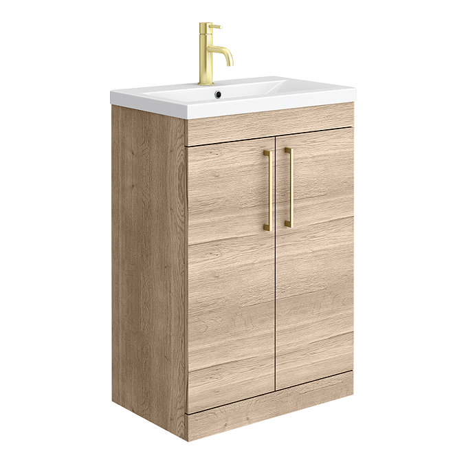 Arezzo Floor Standing Vanity Unit - Rustic Oak - 600mm with Brushed Brass Handles Large Image