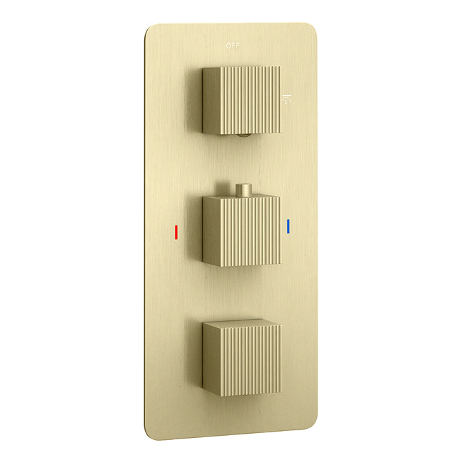 Arezzo Fluted Brushed Brass Concealed Shower Package with Valve, Square Fixed Round Head and Handset