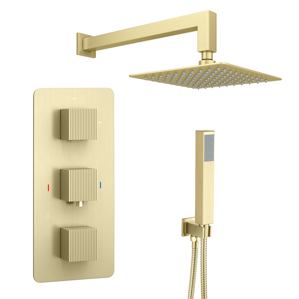 Arezzo Fluted Brushed Brass Concealed Shower Package with Valve, Square ...