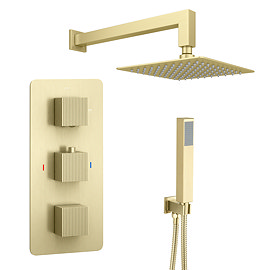 Arezzo Fluted Brushed Brass Concealed Shower Package with Valve, Square Fixed Round Head and Handset