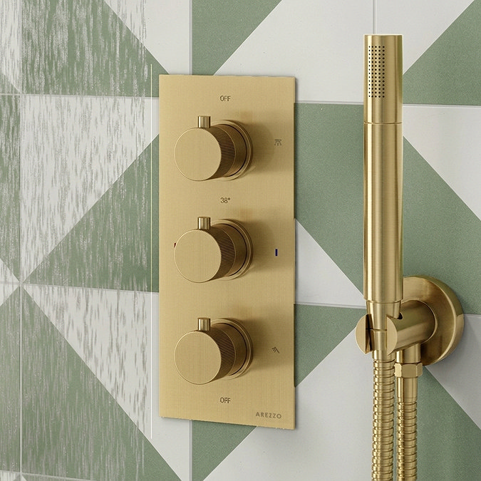 Arezzo Fluted Brushed Brass Round Thermostatic Shower Pack with Head + Handset
