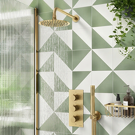 Arezzo Fluted Brushed Brass Round Thermostatic Shower Pack with Head + Handset