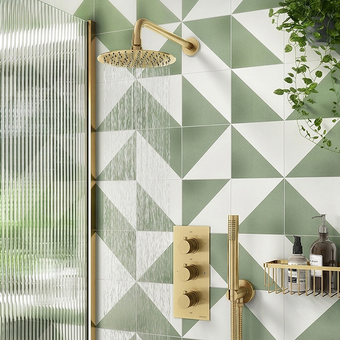 Arezzo Fluted Brushed Brass Round Thermostatic Shower Pack with Head + Handset