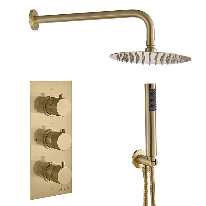 Arezzo Fluted Brushed Gold Round Thermostatic Shower Pack with Head + Handset