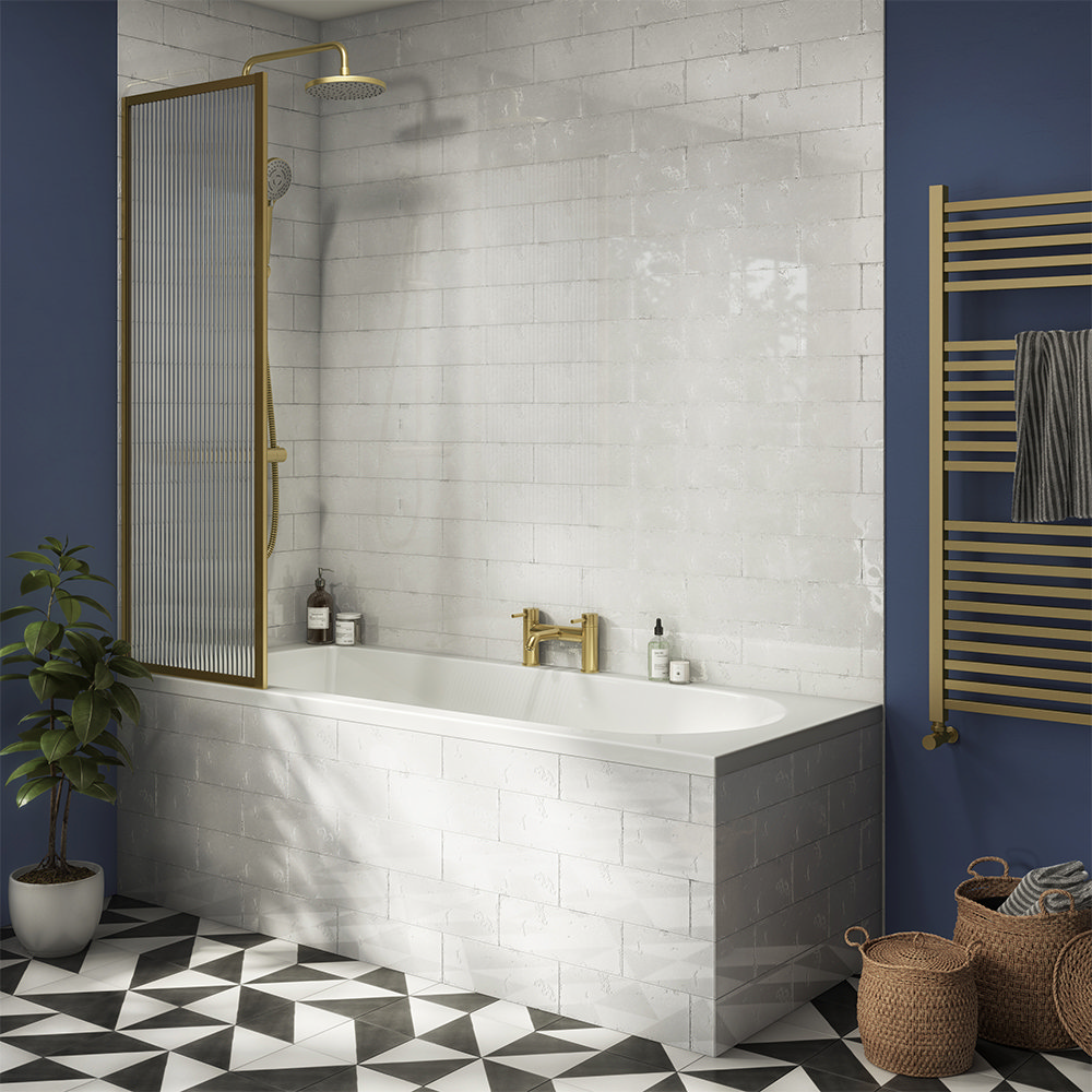 Arezzo Fluted Glass Brushed Brass Framed Fixed Bath Screen 500 x