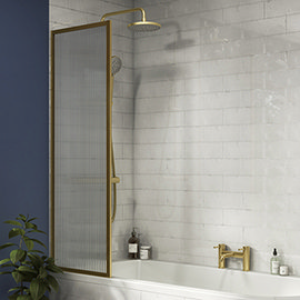 Arezzo Fluted Glass Brushed Brass Framed Fixed Bath Screen (500 x 1400mm) Medium Image