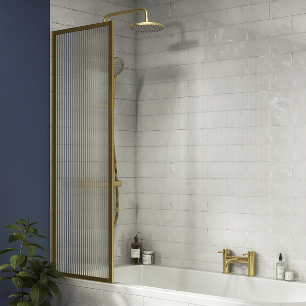 Arezzo Fluted Glass Brushed Brass Framed Fixed Bath Screen (500 x 1400mm) | Victorian Plumbing UK