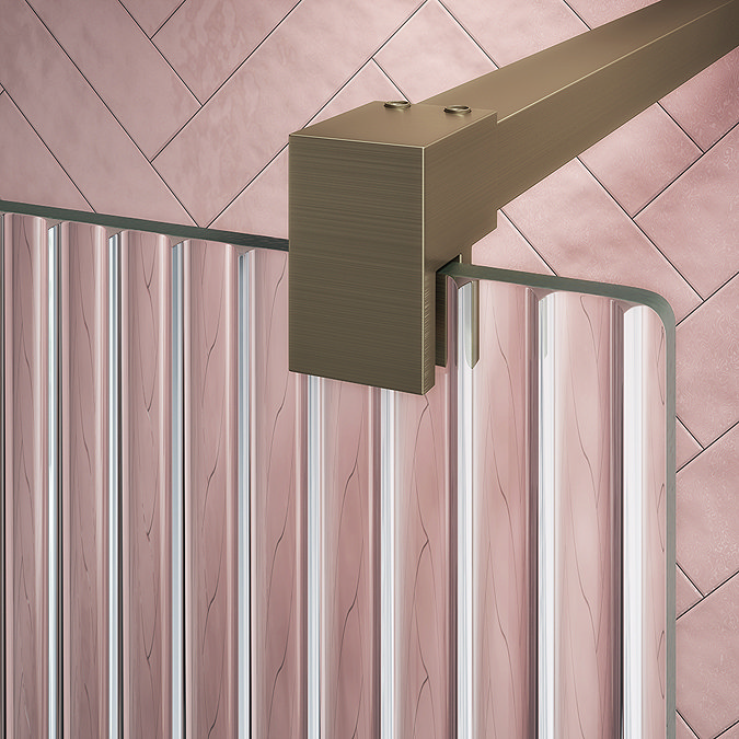 Arezzo Fluted Glass Brushed Brass Profile Wetroom Screen + Square Support Arm  Profile Large Image