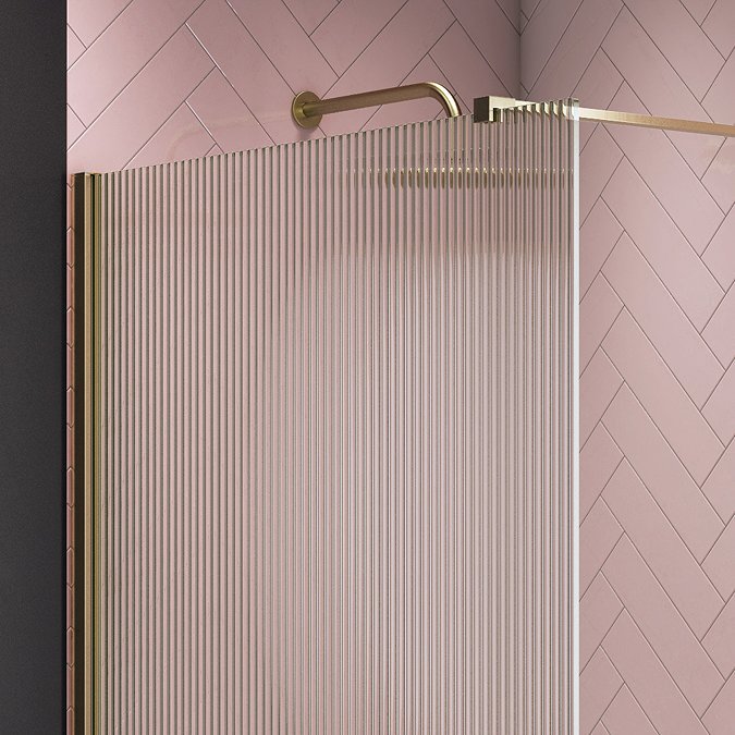Arezzo Fluted Glass Brushed Brass Profile Wetroom Screen + Square Support Arm  Feature Large Image