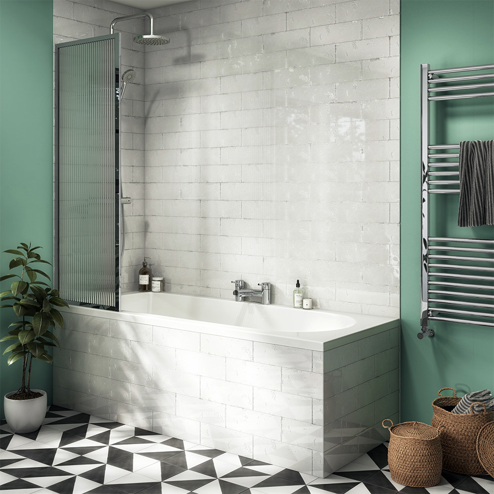 Arezzo Fluted Glass Chrome Framed Fixed Bath Screen (500 x 1400mm)  Feature Large Image