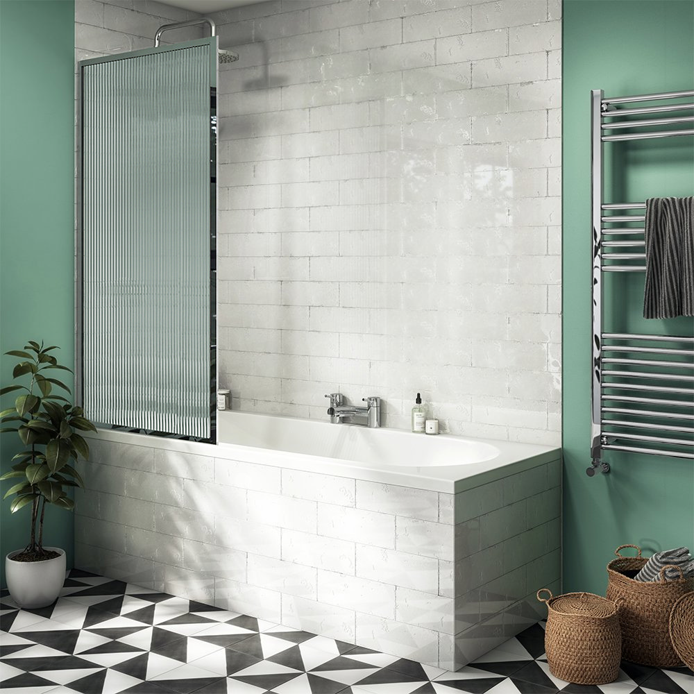 Arezzo Fluted Glass Chrome Framed Fixed Bath Screen 700 x 1400mm