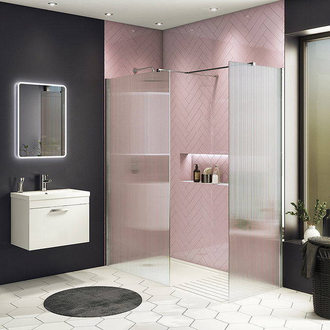 Arezzo Fluted Glass Chrome Profile Wetroom Screen + Square Support Arm  Standard Large Image