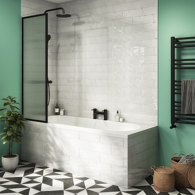 Arezzo Fluted Glass Matt Black Framed Fixed Bath Screen (500 x 1400mm)  Feature Large Image