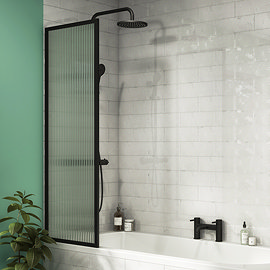 Arezzo Fluted Glass Matt Black Framed Fixed Bath Screen (500 x 1400mm) Large Image