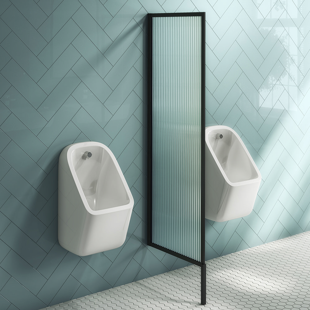 Arezzo Fluted Glass Matt Black Framed Urinal Partition Victorian