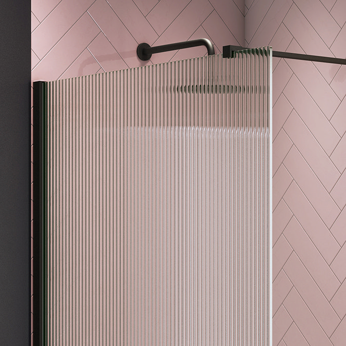 Arezzo Fluted Glass Matt Black Profile Wetroom Screen + Square Support Arm  Feature Large Image