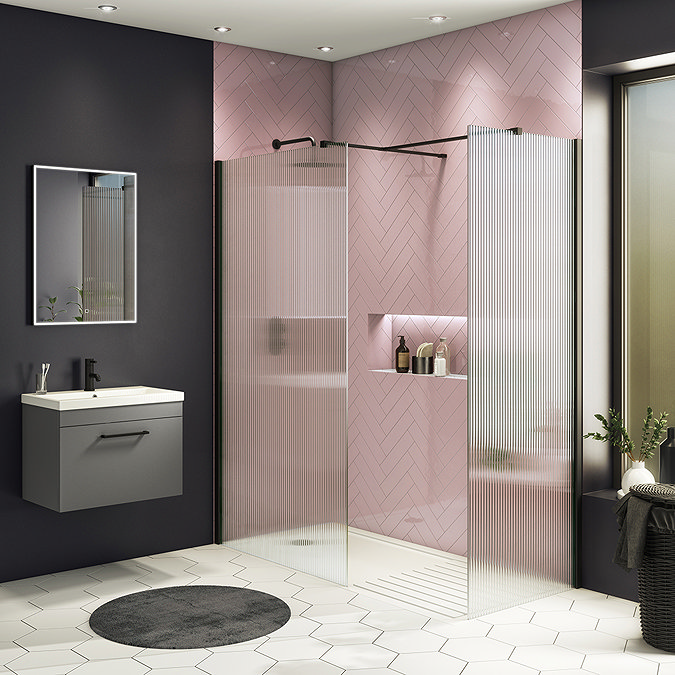 Arezzo Fluted Glass Matt Black Profile Wetroom Screen + Square Support Arm  Standard Large Image