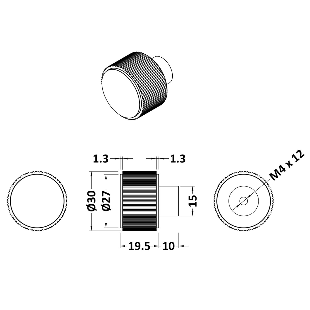 Dimensions image for the Arezzo Fluted Knob Handle, showing the specific measurements for each component.