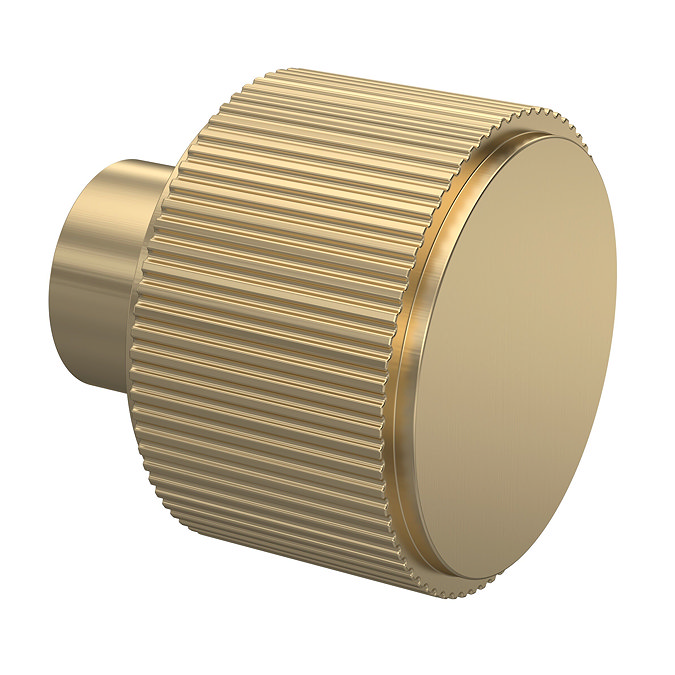 Angled-front view of the Arezzo Fluted Knob Handle in brushed brass, pictured on a white background.