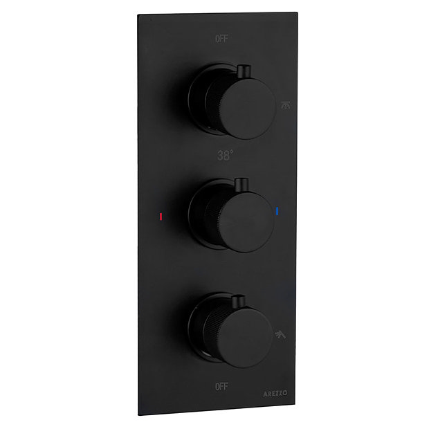 Arezzo Fluted Matt Black Round Thermostatic Shower Pack with Head + Handset  Profile Large Image