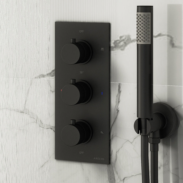 Arezzo Fluted Matt Black Round Thermostatic Shower Pack with Head + Handset