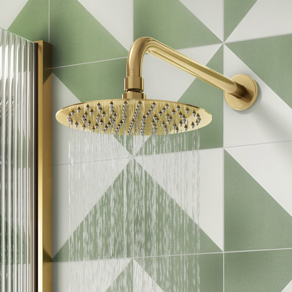 Arezzo Fluted Round 200mm Brushed Brass Fixed Shower Head + Wall Mounted Arm