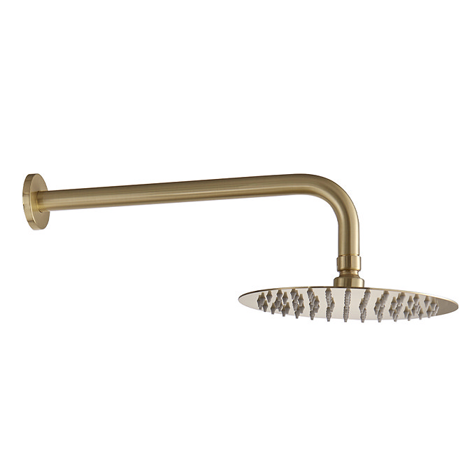 Arezzo Fluted Round 200mm Brushed Brass Fixed Shower Head + Wall Mounted Arm  Profile Large Image