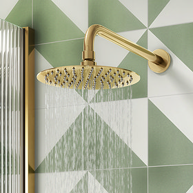 Arezzo Fluted Round 200mm Brushed Brass Fixed Shower Head + Wall Mounted Arm Large Image