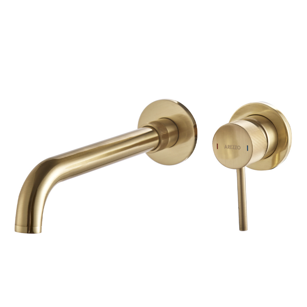 Arezzo Fluted Round Brushed Gold Wall Mounted 2TH Basin Mixer