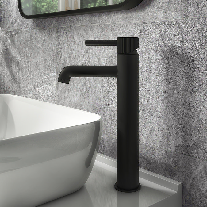 Arezzo Fluted Round Matt Black High Rise Mono Basin Mixer Tap  Standard Large Image