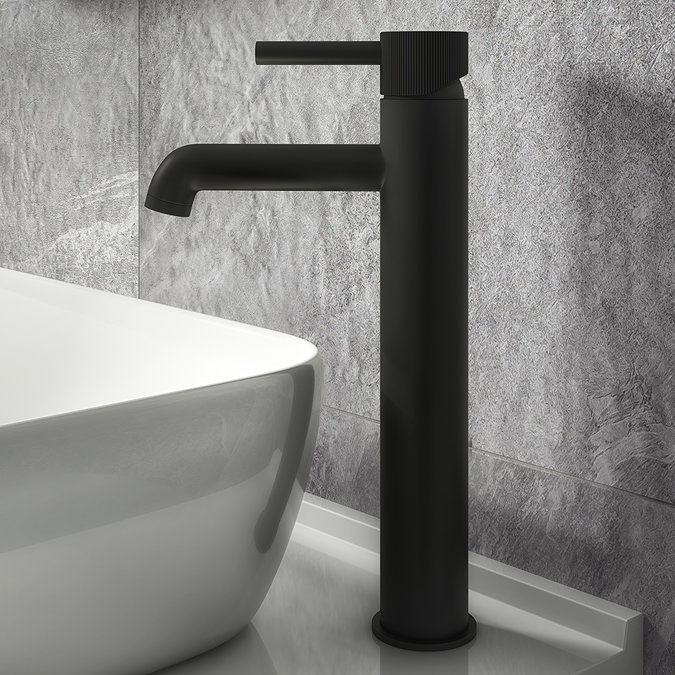 Arezzo Fluted Round Matt Black High Rise Mono Basin Mixer Tap Large Image