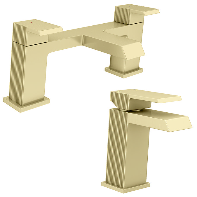 Arezzo Fluted Square Brushed Brass Tap Package (Bath + Basin Tap)