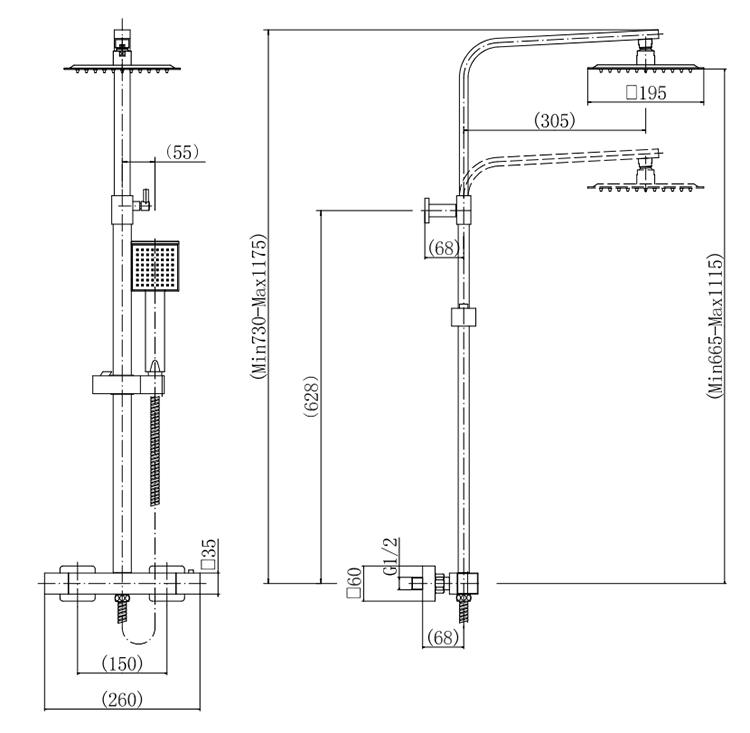 Arezzo Fluted Square Thermostatic Shower - Brushed Brass