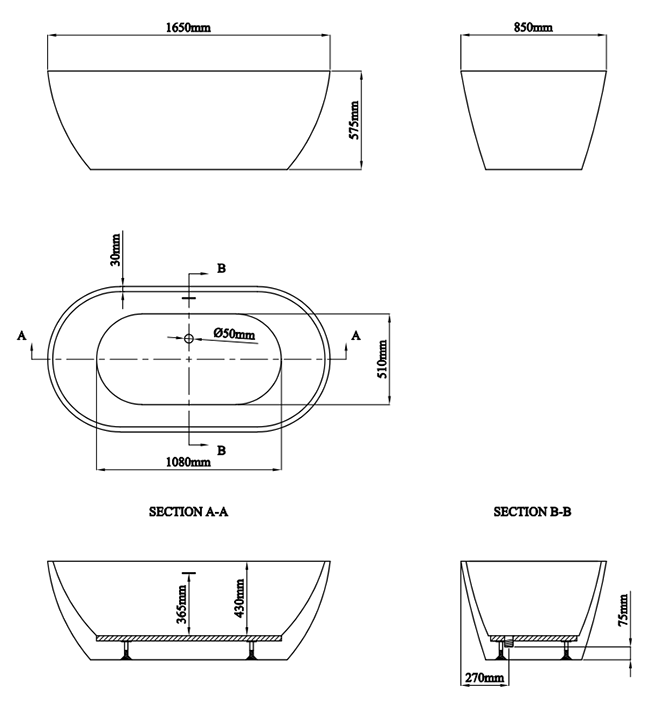 Arezzo Freestanding Modern Bath with Brushed Brass Waste 1650 x 850 x 575mm