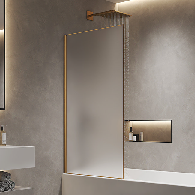 Arezzo Frosted Glass Brushed Brass Framed Fixed Single Ended Shower Bath