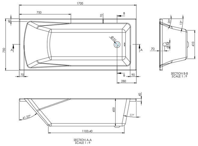 1700 x 750mm