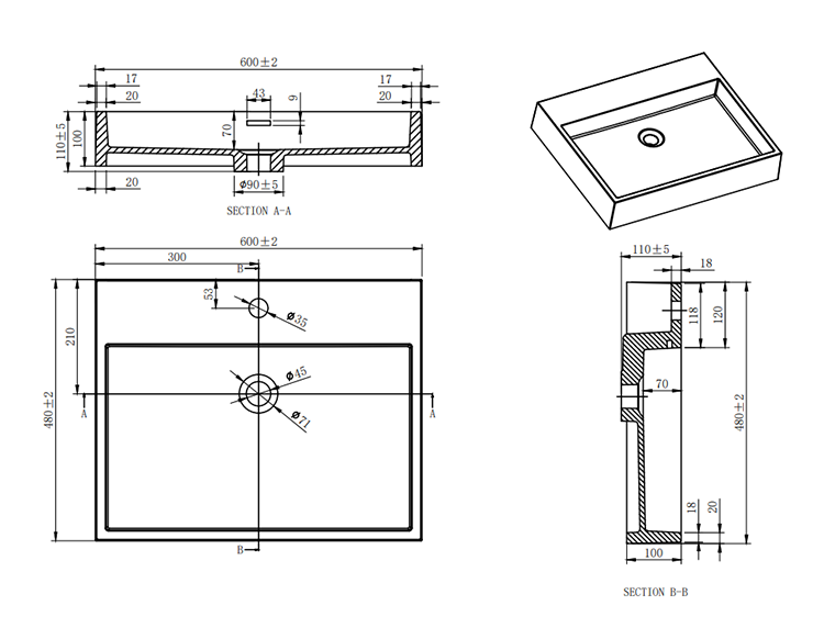 Arezzo Gloss White Counter Top Basin – Square Stone Resin, 600 x 480mm, 1 Tap Hole