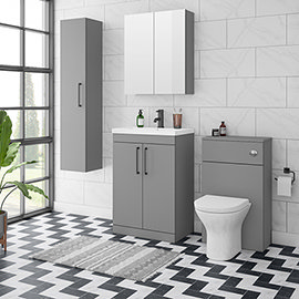 Arezzo Grey Floor Standing Vanity Unit, Tall Cabinet + Toilet Pack with Black Handles Medium Image