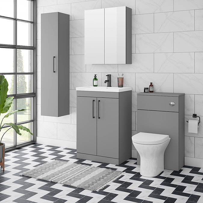 Arezzo Grey Floor Standing Vanity Unit, Tall Cabinet + Toilet Pack with Black Handles Large Image
