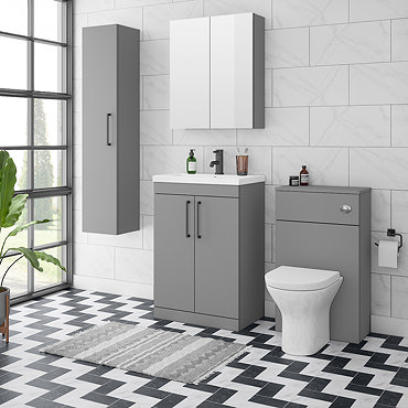 Arezzo Grey Floor Standing Vanity Unit, Tall Cabinet + Toilet Pack with Black Handles  Profile Large