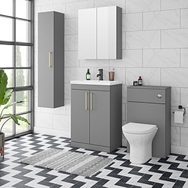 Arezzo Grey Floor Standing Vanity Unit, Tall Cabinet + Toilet Pack with Brass Handles Medium Image