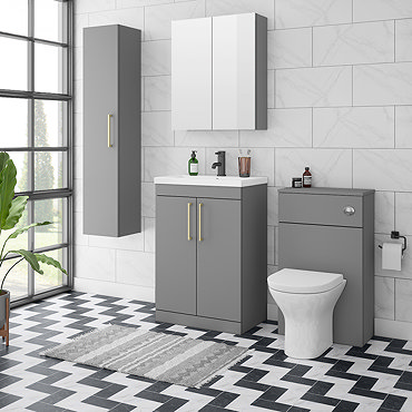 Arezzo Grey Floor Standing Vanity Unit, Tall Cabinet + Toilet Pack with Brass Handles  Profile Large