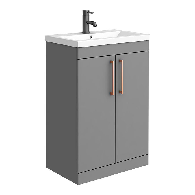 Arezzo Grey Floor Standing Vanity Unit, Tall Cabinet + Toilet Pack with Rose Gold Handles  Profile L