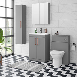 Arezzo Grey Floor Standing Vanity Unit, Tall Cabinet + Toilet Pack with Rose Gold Handles Medium Ima
