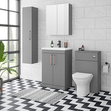 Arezzo Grey Floor Standing Vanity Unit, Tall Cabinet + Toilet Pack with Rose Gold Handles  Profile L