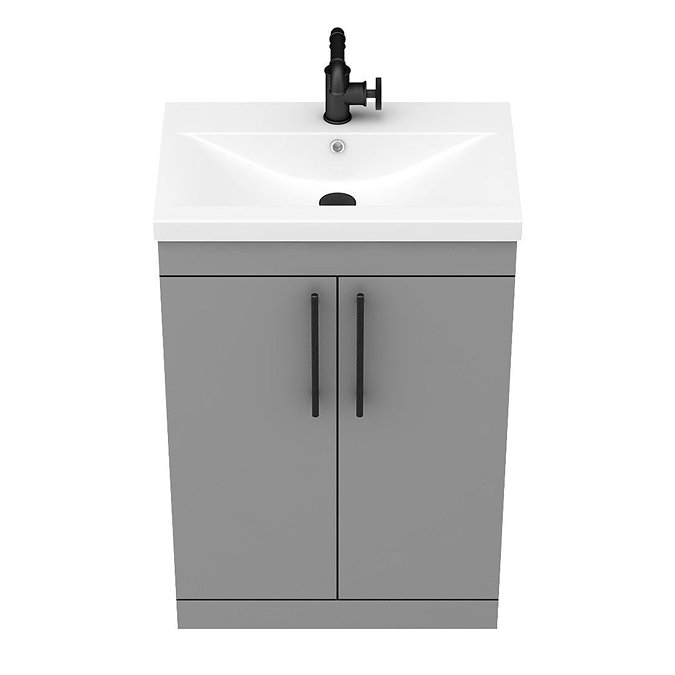 Arezzo Floor Standing Vanity Unit - Matt Grey - 600mm with Industrial Style Black Handles  In Bathroom Large Image