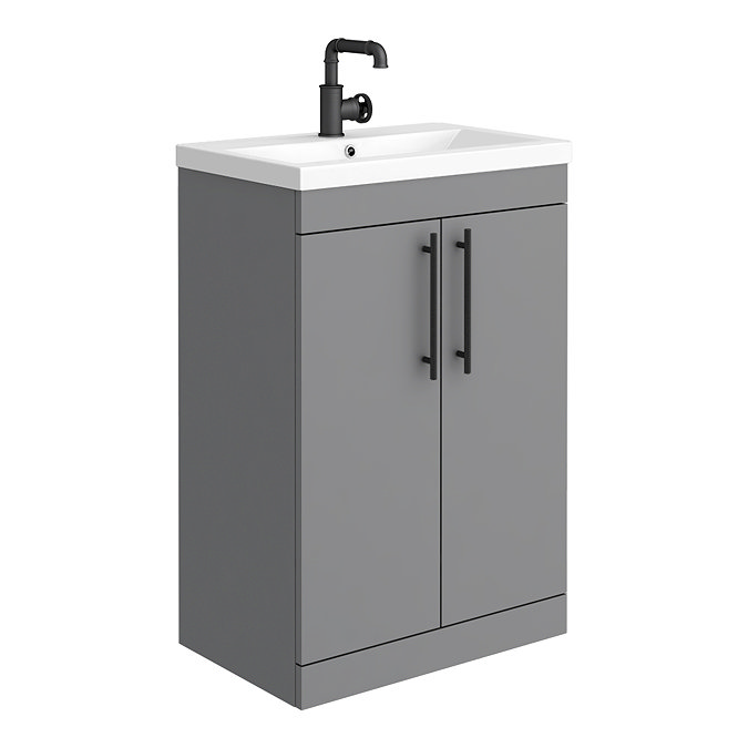 Arezzo Industrial Style 600 Matt Grey Floor Standing Vanity Unit with Matt Black Handles Large Image