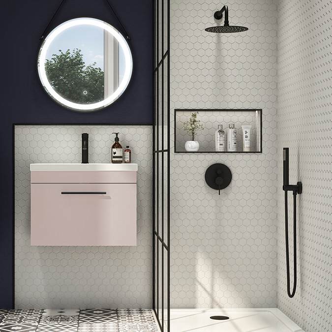 Arezzo Wall Hung Vanity Unit - Matt Pink - 600mm with Industrial Style Black Handle  Standard Large 