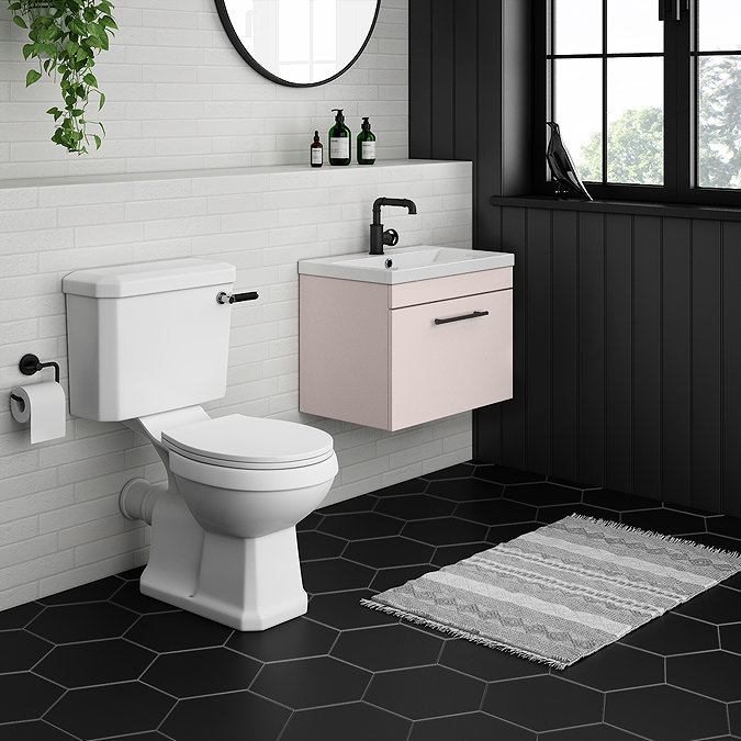 Arezzo Wall Hung Vanity Unit - Matt Pink - 600mm with Industrial Style Black Handle  In Bathroom Large Image